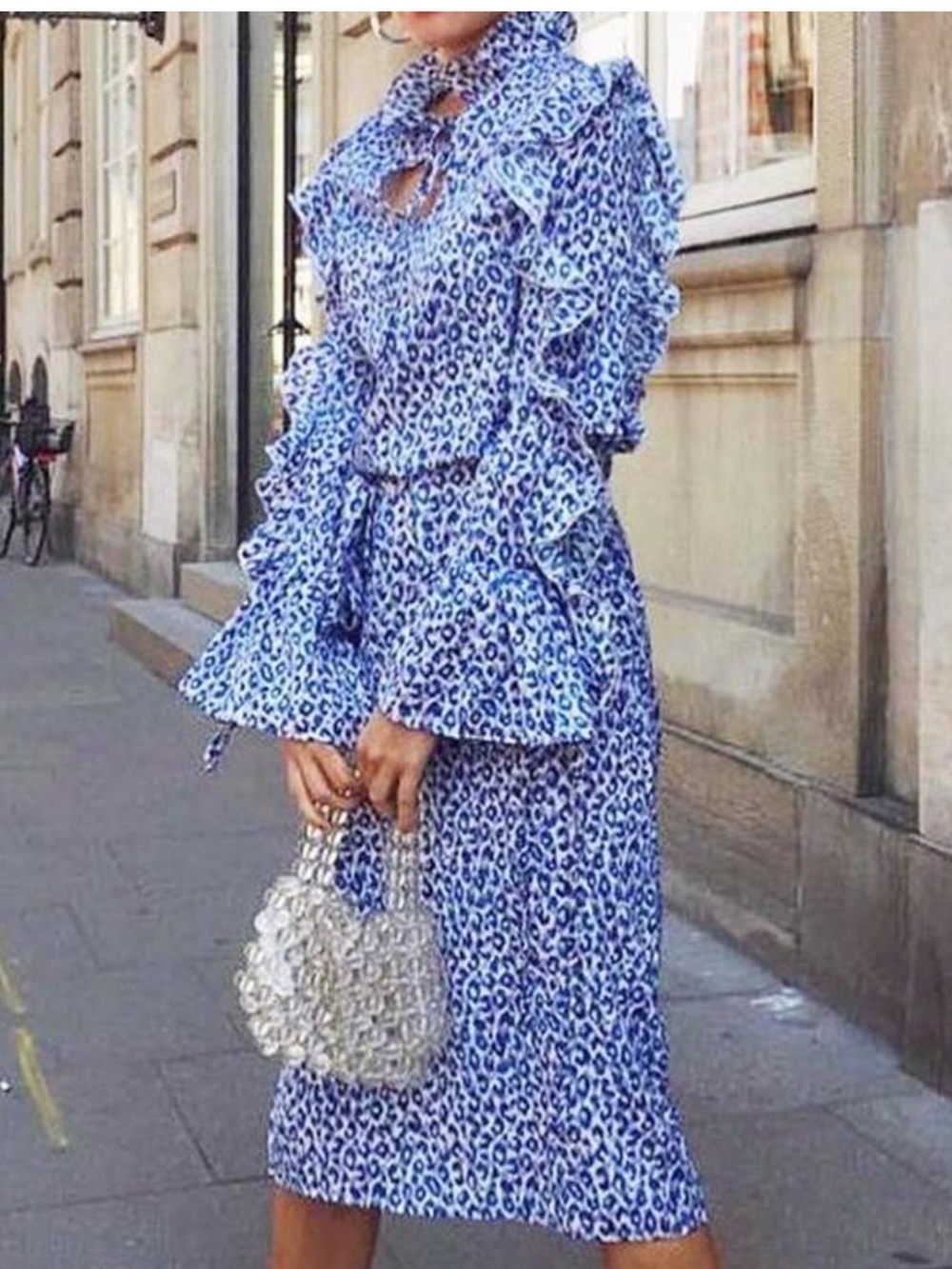 Never Fully Dressed Blue Leopard Print Ruffle Midi Dress